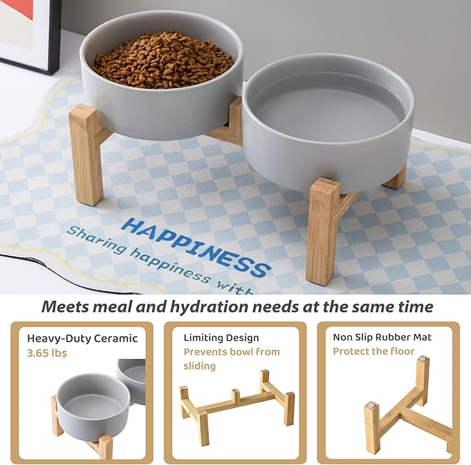 Raised Ceramic Dog Bowl Set - Elevated Dog Bowls with Non Slip Bamboo Stand, Food and Water Bowl Set for Small and Medium Breed Dogs, Pet Bowls, Weighted Dogs Dishes (6'', 2 * 30OZ, Grey)