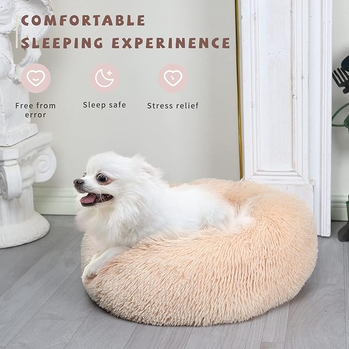 Light Brown Dog Bed Small,Calming Dog Bed for Small Dogs,20 inches Donut Fluffy Pet Beds,Anti Anxiety Round Fits up to 10 lbs Soft Warm Pets Beds for Puppy Dogs Indoor