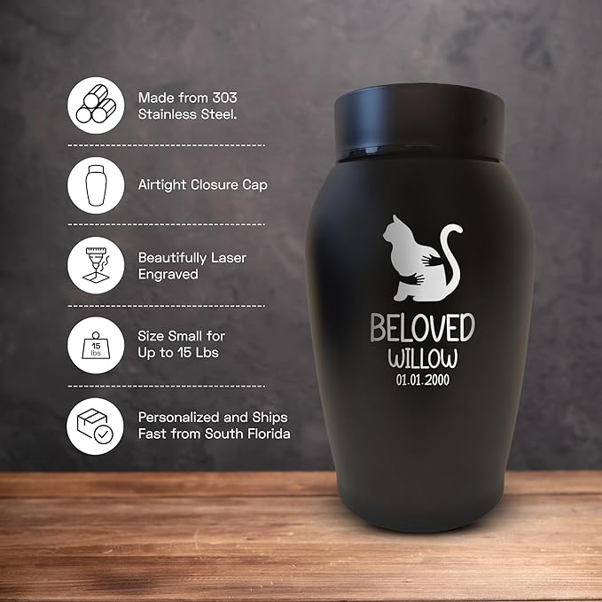 Personalized Custom Small Keepsake Urn Engraved with Pet Name, Date and Cat Design - 5.2" Black Powder Coated Steel Cremation Urn for Cat Ashes | 12-16 lb Capacity, Embrace