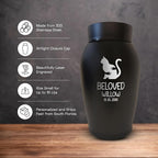 Personalized Custom Small Keepsake Urn Engraved with Pet Name, Date and Cat Design - 5.2" Black Powder Coated Steel Cremation Urn for Cat Ashes | 12-16 lb Capacity, Embrace