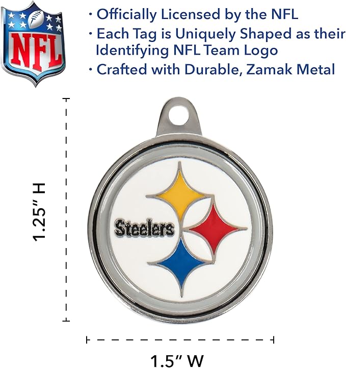 Pittsburgh Steelers Engraving Pet ID Tags in 32 Team Logo Shapes - Personalized Dog & Cat Tags with 3 Lines of Customizable Text for Tracking & Safety - Stainless Steel