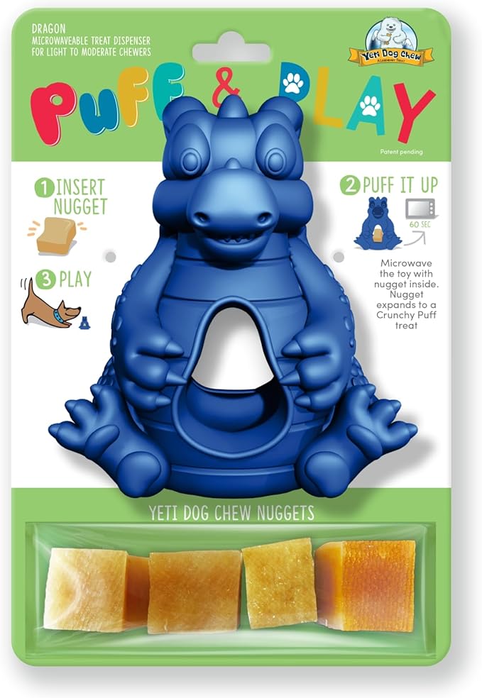 Yeti Dog Chew Puff and Play Interactive Dog Toys, Nuggets Dog Treat Dispenser Puzzle, Fun Stimulating Chew Toy for Teething, Behavior Training for Light to Moderate Chewers, (Blue - Dragon)