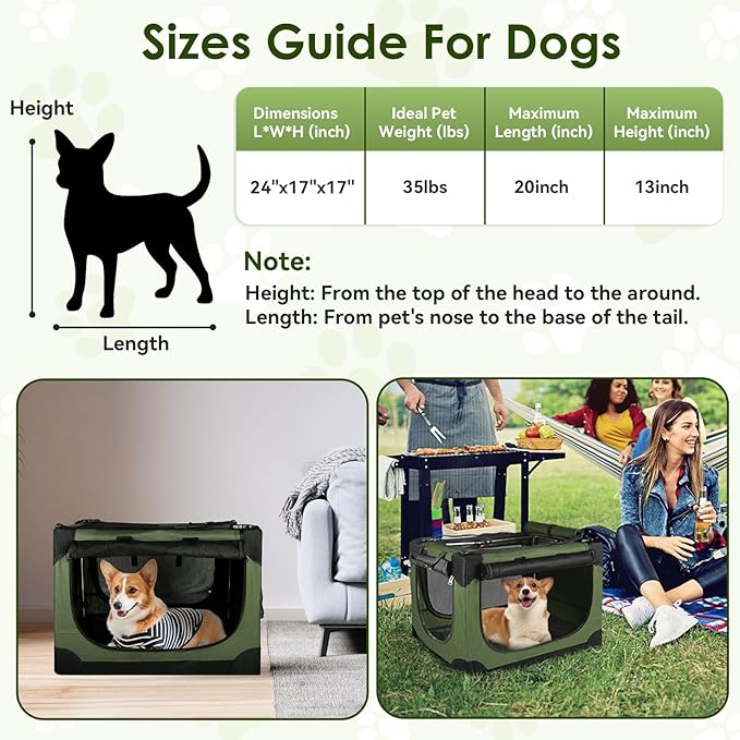 Soft Small Dog Crate - 24 inch Portable Travel Puppy Crate for Small Pets or 2 Cats, Collapsible Pet Carrier with 4 Mesh Doors, Car Kennel for Dogs with Handle for Indoor and Outdoor, Green
