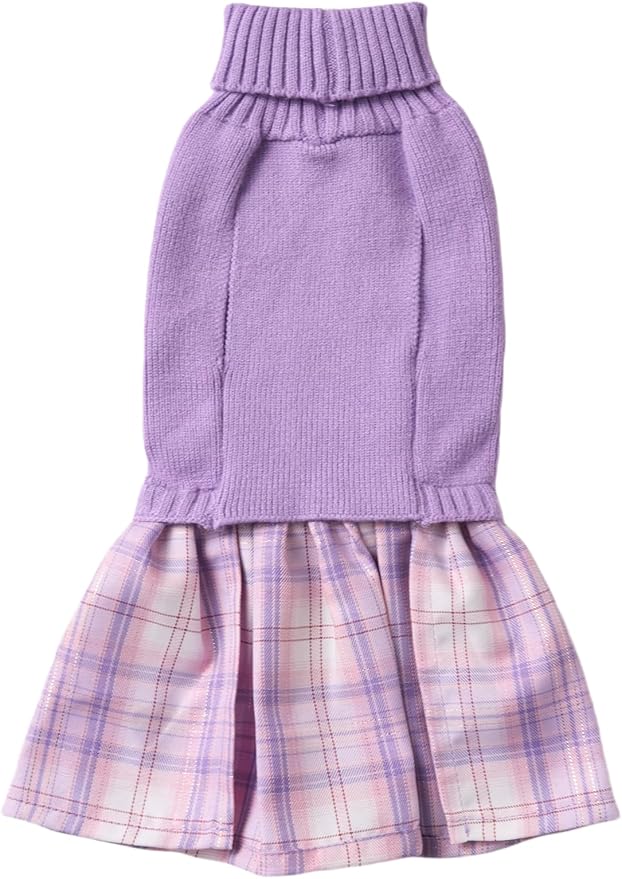 Purple Knitted Dog Sweater Dress, Cute Pink Plaid Dog Sweaters for Small Dogs Girl, Maltese Cat Apparel, Small (S)