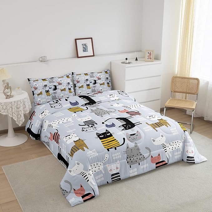 Erosebridal Kawaii Animal Comforter Twin Cute Cat Bedding for Girls Boys Kids, Black Polka Dots Bedding Sets & Collections, White Geometric Stripe Kitten Down Comforter, Funny Pet Bed Set Microfiber