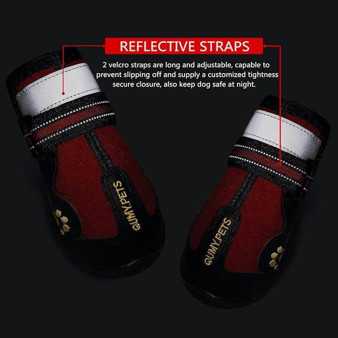 QUMY Dog Shoes for Large Dogs, Medium Dog Boots & Paw Protectors for Winter Snowy Day, Summer Hot Pavement, Waterproof in Rainy Weather, Outdoor Walking, Indoor Hardfloors Anti Slip Sole Red Size 4