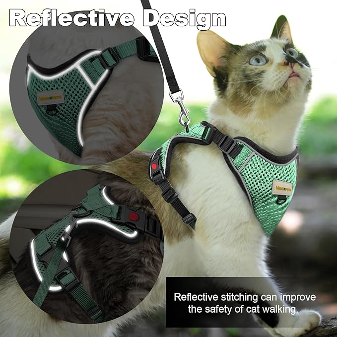 Cat Harness and Leash for Walking, Retractable Cat Harnesses and Leash Set Escape Proof, Breathable Soft Kitten Small Large Harness for Travel Training and Walking, Green, S