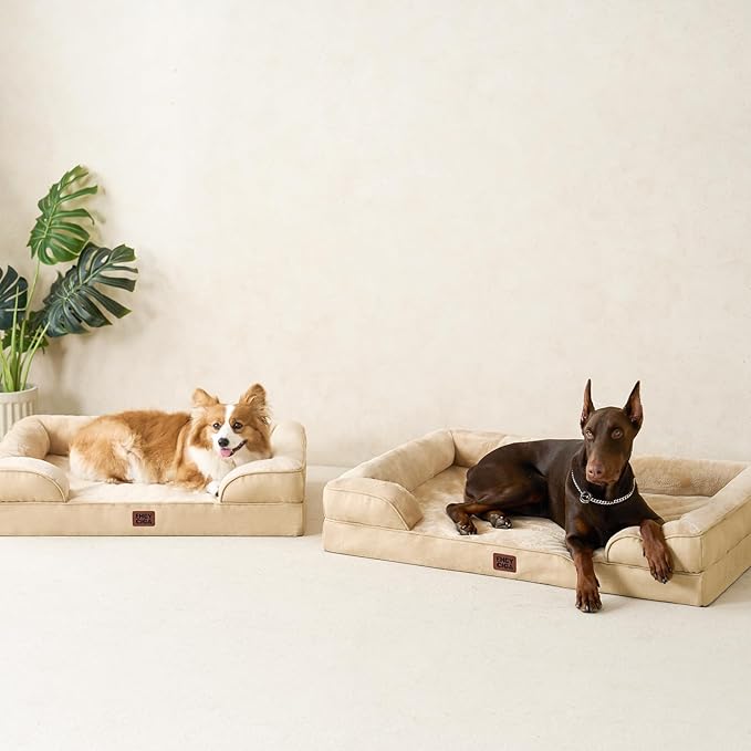 EHEYCIGA Orthopedic Dog Beds for Large Dogs, Waterproof Memory Foam Large Dog Bed with Sides, Non-Slip Bottom and Egg-Crate Foam Pet Couch Bed with Washable Removable Cover, Greige