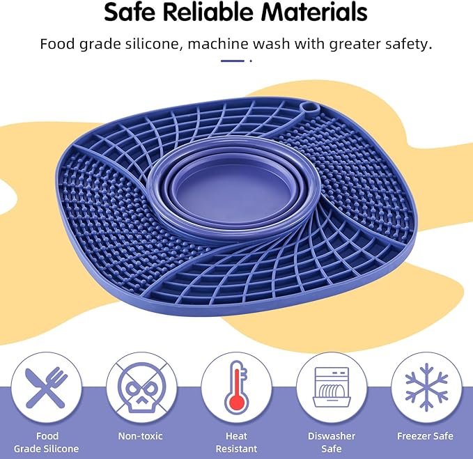 Lick Mat for Small Dogs and Cats with Suction Cups, Silicone Slow Feeder Lick Pad with Collapsible Bowl for Anxiety Relief, Pet Puzzle Treat Mat for Bathing Grooming Trimming (Purple)