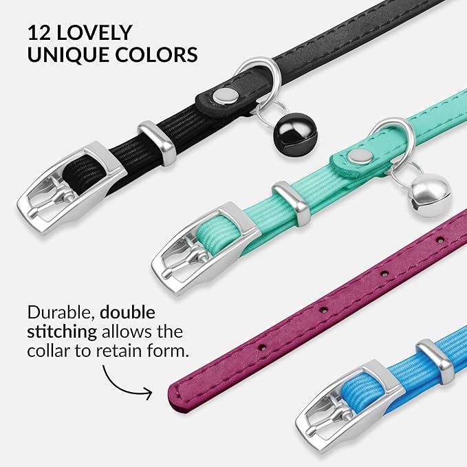 CollarDirect Leather Cat Collar with Bell - Kitten Collar, Small and Big Cat Strap for Boy Cats, Girl Cats with Safety Elastic Strap (Neck Fit 8"-11", Pink)