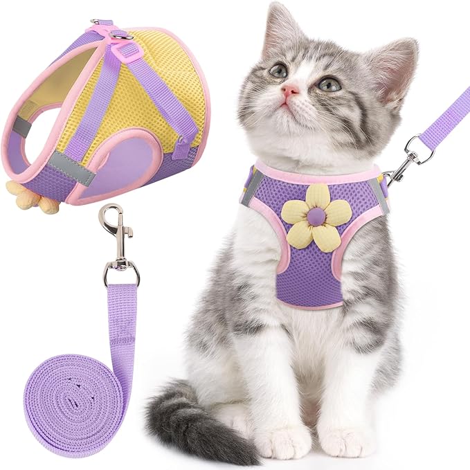 Cat Harness and Leash Set for Walking Escape Proof, Adjustable Kitten Harness Breathable Mesh with Reflective Strips Harness with Flower for Kitty Puppy Bunny Purple S