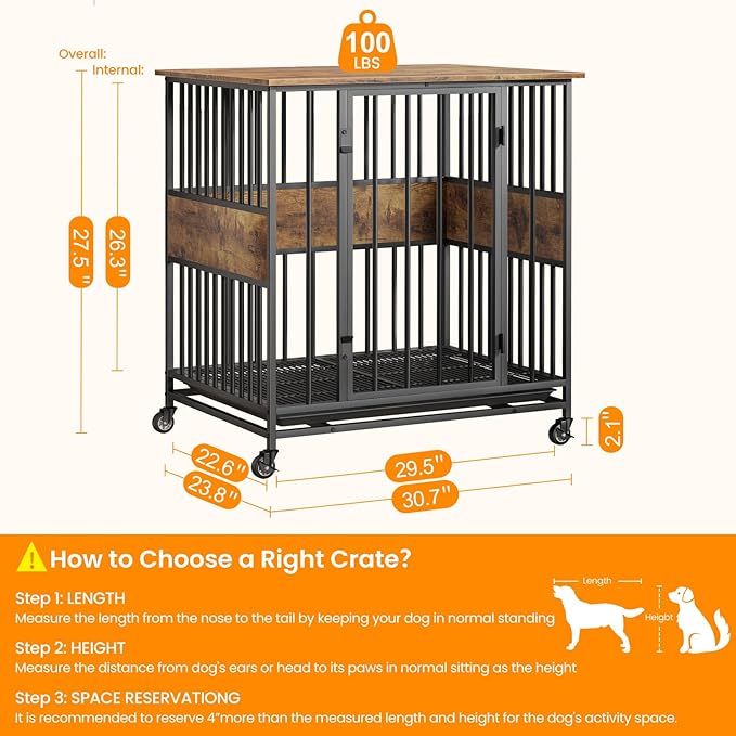 Dog Crate Furniture for Small Dogs, 31 Inch Indoor Puppy Kennel, Wooden Pet Cage Decorative Corner End Table with Caster Wheels & Removable Tray, Rustic Brown