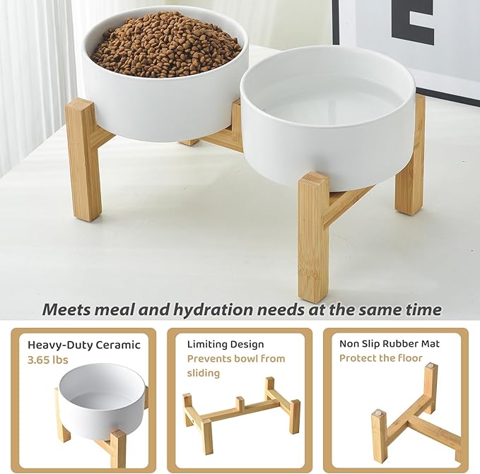 Raised Ceramic Dog Bowl Set - Elevated Dog Bowls with Non Slip Bamboo Stand, Food and Water Bowl Set for Small and Medium Breed Dogs, Pet Bowls, Weighted Dogs Dishes (6'', 2 * 30OZ, White)