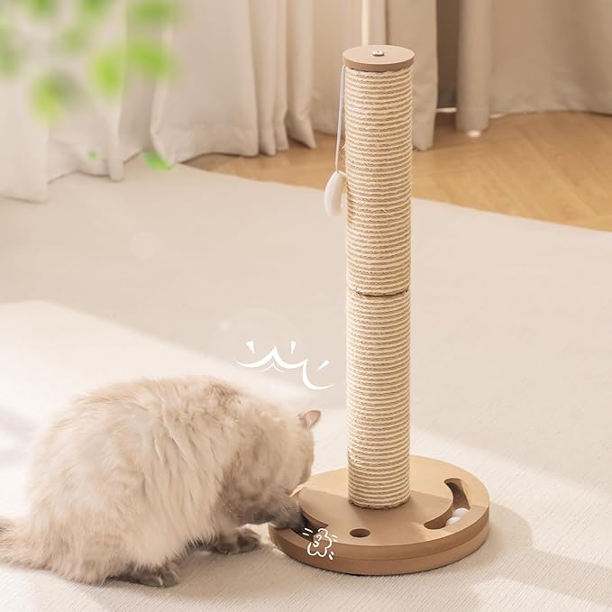 Mewoo Cat Scratching Post, 25'' Tall Cat Scratching Posts with Kitten Toys Cat Ball Track, 3-in-1 Scratch Posts for Indoor Cats, Natural Sisal Cat Scratcher Interactive Toy with Dangling Balls