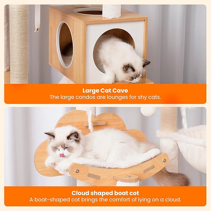 Heybly Wood Cat Tree for Indoor Cats, Cat Condo for Large Cats with Self Groomer, Modern Cat Scratching Tower with Basket, Hammock, Dangling Ball and Leaves, Walnut HCT120WB