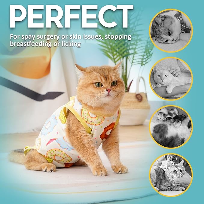 Avont Cat Recovery Suit - Kitten Onesie for Cats After Surgery, Cone of Shame Alternative Surgical Spay Suit for Female Cat, Post-Surgery or Skin Diseases Protection -Donut(S)