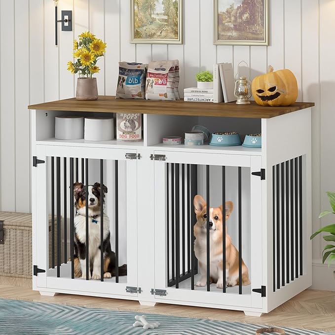 Furniture Dog Crate for Two Dogs, 41 Inch Furniture Style Dog Kennel with Removable Divider and Thickened Desktop, Heavy-Duty Base for Small to Medium Dogs, White