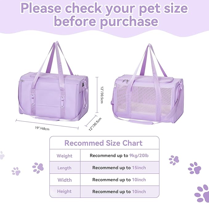 PETSFIT Soft-Sided Cat Carriers & Car Seats with Patent Safe Buckles, Clip-On Harness，19"x12"x12" Pet Travel Carrier - 20 lbs Capacity (Purple)