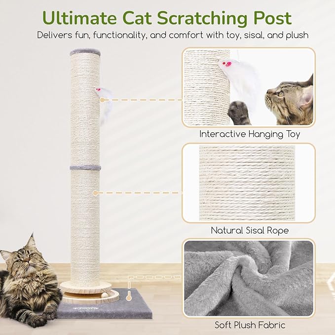 Globlazer Extra Thick Large Scratching Post for Indoor Cats Adults and Kittens, 35in Tall Natural Sisal Rope Scratcher Post, Large Cat Scratcher with Ball Interactive Toy, SC35, Light Grey