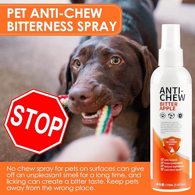 Bitter Apple Spray for Dogs to Stop Chewing, 175ML Effective Dog & Cat Deterrent Spray for Furniture, Plants, Floor, Safe No Chew Spray for Dogs to Easily Create Restricted Areas Orange