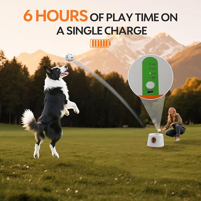 Automatic Ball Launcher for Dogs - Dog Ball Thrower Launcher with 3 Etpu Sphere, 3 Adjustable Distances (20ft/33ft/46ft), Interactive Thrower Machine, Mental Stimulation Dog Toys