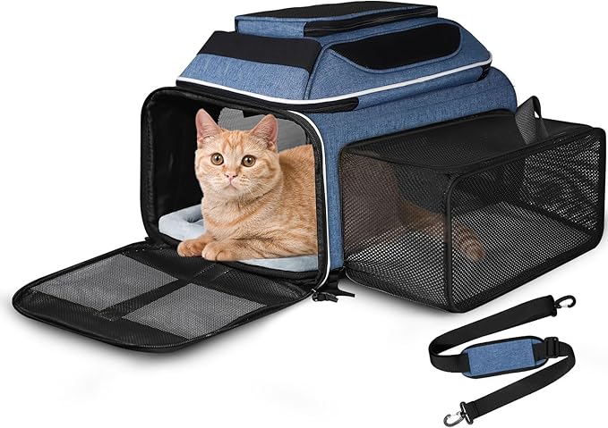 Petskd Top and Side Expandable Pet Carrier 17x12x8.5 Inches JetBlue Frontier Spirit Airline Approved, Soft-Sided Carrier for Small Cats and Dogs with Locking Safety Zippers and Anti-Scratch Mesh(Blue)