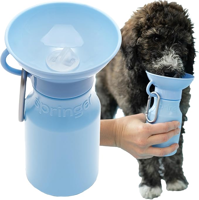 Springer Dog Water Bottle | Portable Travel Water Bottle Dispenser for Dogs | Dog Gift Seen on Oprah's Favorite Things, Shark Tank | Leak-Proof Bottles Fill Bowl with Water | BPA-Free 15oz Sky Blue