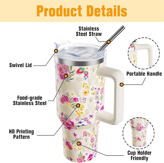 Golden Retriever Gifts for Women Dog Lovers 40 oz Floral Golden Retriever Tumblers with Handle and Straw, Stainless Steel Vacuum Insulated Travel Coffee Mug Cup Water Bottle