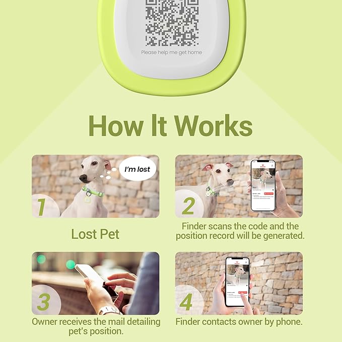 Pawaii Fluorescent QR Code Pet ID Tag, Glow in The Dark Durable Silent Silicone Pet ID Tag, Scan QR Receive Instant Pet Location Alert Email, Designs for Cat or Dog, 1Pack (Green)