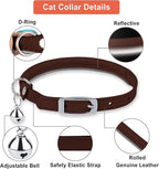 OOPSDOGGY Rolled Leather Cat Collar with Bell, Reflective Kitten Collars with Buckle Include Safety Elastic Strap - Adjustable Small Pet Collars for Boy Girl Cats (Brown)