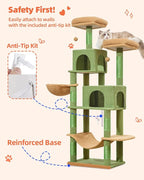 Taoqimiao Cat Tree, 66.2-Inch Cat Tower for Indoor Cats, Plush Multi-Level Cat Condo with 7 Scratching Posts, 2 Perches, 2 Caves, Hammock, 2 Pompoms, MS013T Cactus