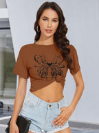 Womens Summer Crop Tops Short Sleeve Round Neck T-Shirts Loose Fit Casual Blouse