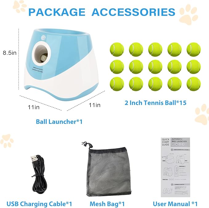FAHKNS Automatic Dog Ball Launcher for Small Dogs, Indoor/Outdoor Interactive Dog Toy,USB Rechargeable Ball Thrower,10-30 Ft,Includes 15 Mini Tennis Balls,Blue