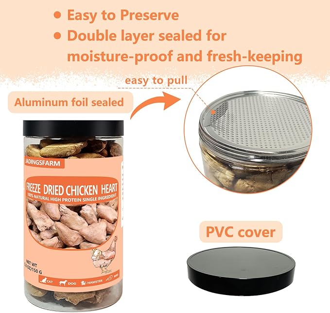 Freeze Dried Chicken Heart Pet Treats 5.3 oz, Freeze Dried Raw Single Ingredient Dog Treats, Training Treats, Meal Toppers for Dogs Cats, High Protein, Grain Free, Gluten Free