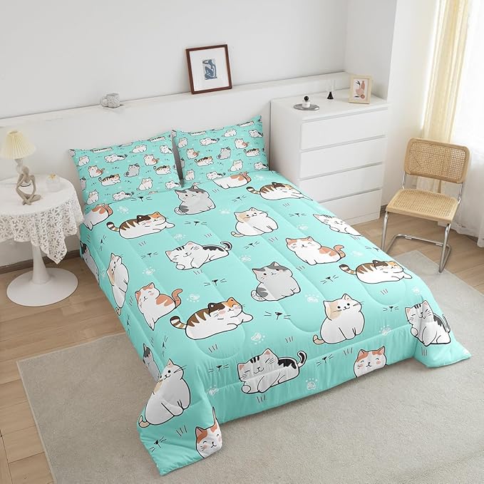 Erosebridal Girls Pink Cat Comforter King Cute Animal Bedding Set for Boys Cartoon Pet Bedding Comforters & Sets Kawaii Kitten Duvet Set for Toddlers Kids Bedroom Microfiber All Seasons Quilt Set 3pcs