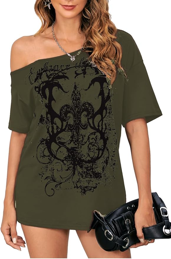 SOLY HUX Women's Off The Shoulder Tops Graphic Tees Y2k Vintage Gothic Oversized T Shirts Streetwear