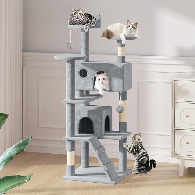 MoNiBloom 60 Inch Cat Tree Tower for Indoor Cats Large Adults, Cat Tower with Scratching Post, Multi-Level Furniture Activity Center with Cat Condo Pet Play House, Light Grey