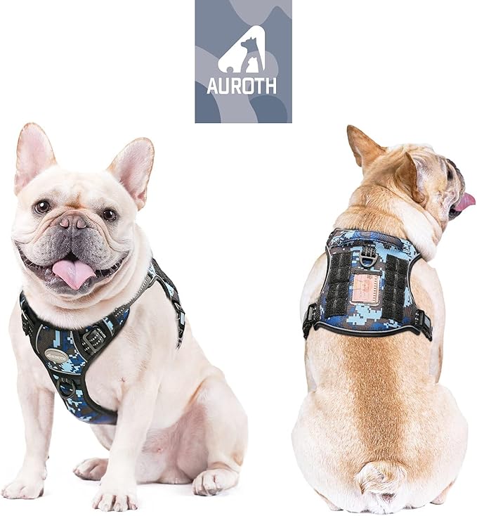 Auroth Tactical Dog Training Harness No Pulling Front Clip Leash Adhesion Reflective K9 Pet Working Vest Easy Control for Small Medium Large Dogs Blue Camo S