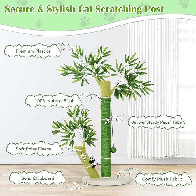 Cat Scratching Post for Large Cats and Kitten, 33 Inch Tall Nature Sisal Cat Scratchers for Indoor Cats with DanglingToy Ball and Cute 3D Panda Adult Cat Tree with Bamboo Shape for All Cats