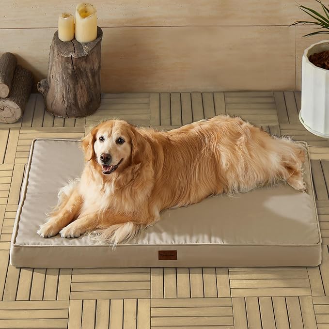 BFPETHOME Outdoor Dog Beds for Large Dogs, Waterproof Dog Bed for Medium, Large, Extra Large Dogs, Orthopedic Pet Bed with Removable Washable Cover, Egg Crate Foam Pet Bed Mat. (42 x 30in, Beige)