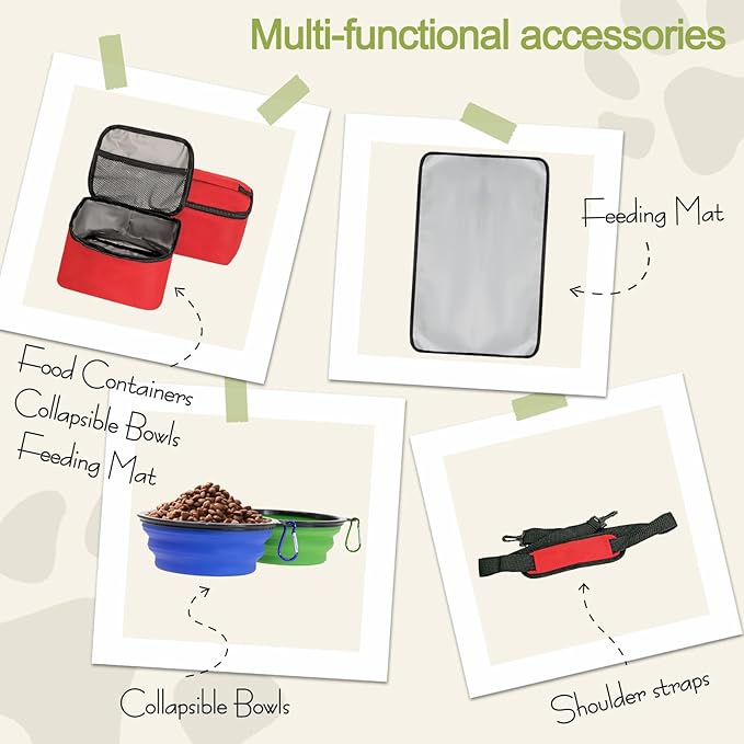 Dog Travel Bag,Weekend Pet Travel bag Set for Dog and Cat,Airline Approved Tote Multi-Function Bags for Traveling,Include 2 Collapsible Bowls,2 Food Storage Containers,1 Feeding Mat,Red