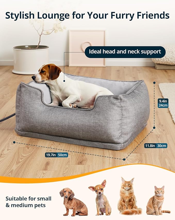 Heated Cat Bed Indoor, Heated Pet Bed with Adjustable Temperature & Timer, Pet Heating Pad for Kittens, Puppies, Dogs, Cats in Winter, UL & FCC Certified