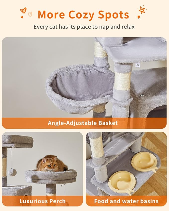 Taoqimiao 76-Inch Cat Tree Cat Tower for Indoor Cats, Plush Multi-Level Cat Condo with 12 Scratching Posts, 2 Perches, 2 Caves, Hammock, 2 Pompoms MS016W Light Gray
