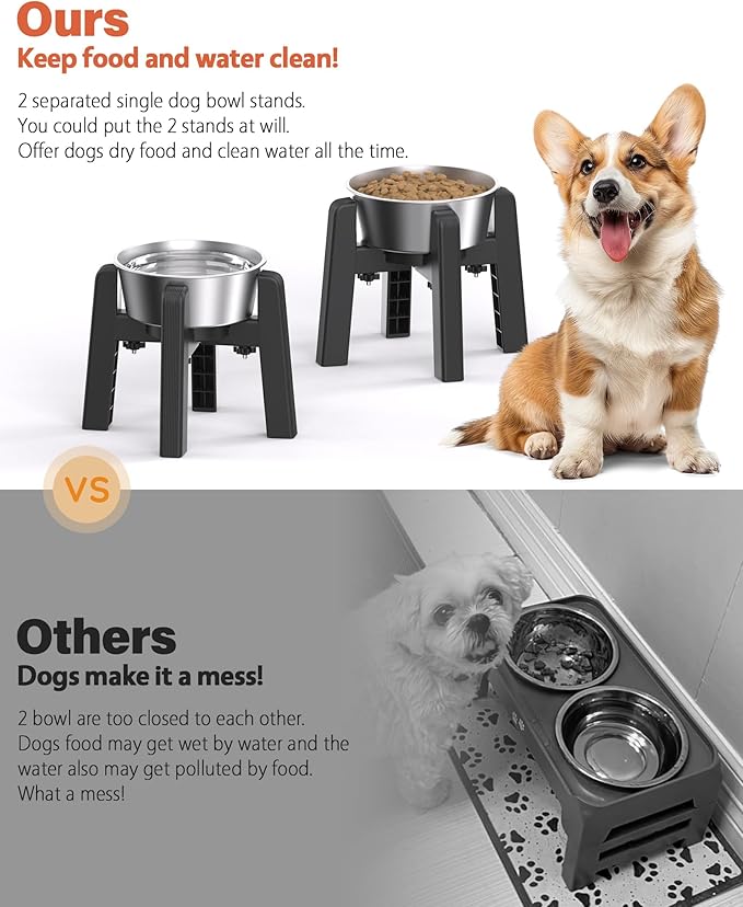 CZPET Dog Bowl Stand, 51 oz Large Capacity Raised Elevated Dog Food/Water Stainless Steel Feeder, Size Adjustable & Anti-Slip Stand for Medium Dogs (2 Pack)
