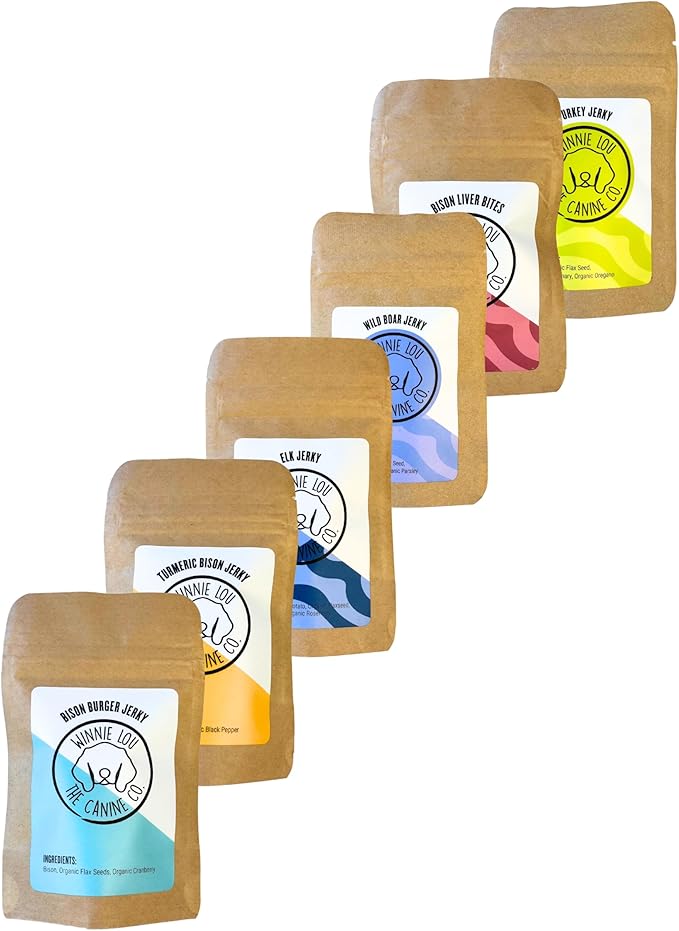 Winnie Lou Organic Healthy Dog Treats – All Natural Dog Jerky Treats Made in USA with Organic Ingredients from Colorado Farms – for Small, Medium, Large Dogs - 6 Sample Packs, 2 Treats Per Pack