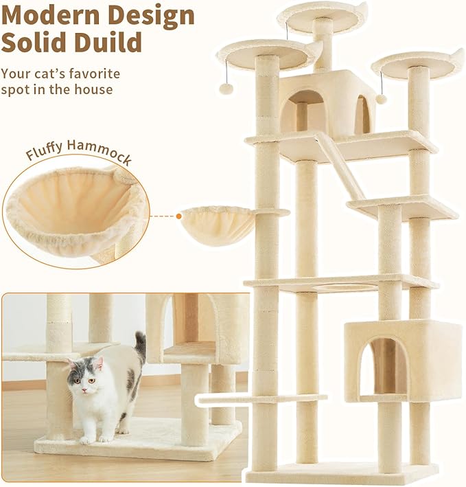 Made4Pets Tall Cat Tree, 80" Cat Tree Tower for Indoor Cats Large Adult, Modern Cat Tower with Scratching Post, Cozy Hammock, 3 Perches and 2 Condos, Sturdy and Fluffy, Beige