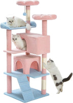 Made4Pets Cat Tree Tower 56" Cat Tower for Indoor Cats Kitten Tree Multi-Level Cat Tree with 2 Condo Furniture Activity Center with Scratching Posts Funny Toys (Pink Flower Blue)