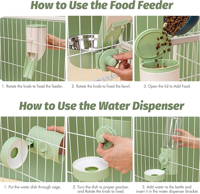 Hanging Cage Automatic Food Water Dispenser Kennel Gravity Pet Feeder Set with Separate Food Bowl and 500ML Waterer, Crate Auto Feeder Dish for Small Pets Cats Puppy Ferret Bunny Guinea Pig