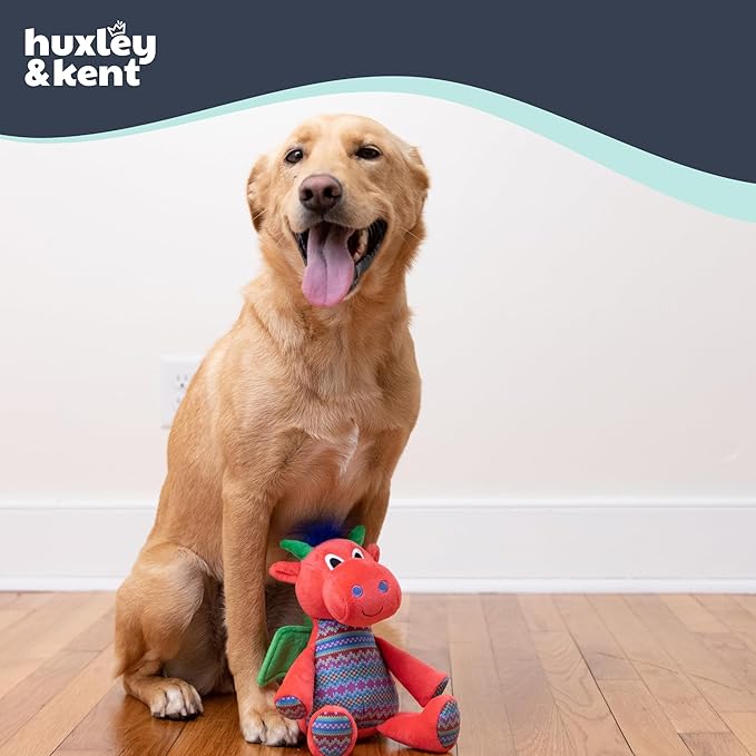 Huxley & Kent Funny Dog Toy w/Squeaker – Holiday Power Plush Squeaky Dog Toys for Small, Medium & Large Dogs – Soft Stuffed Animal for Indoor Play & Fetch - Fireball Dragon, Small