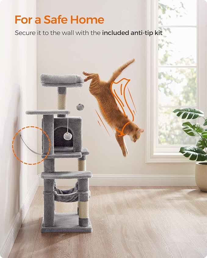 Feandrea Cat Tree, 44.1-Inch Cat Tower for Indoor Cats, Multi-Level Cat Condo with 4 Scratching Posts, 2 Perches, Hammock, Cave, Light Gray UPCT261W01